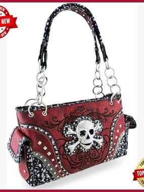 Embroidered Concealed Carry Rhinestone Studded Skull Satchel Purse Wallet Set